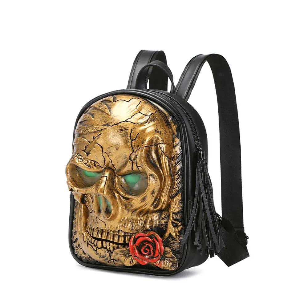 3D Skull With Rose Backpack ,3D Skull With Glowing Green Eyes