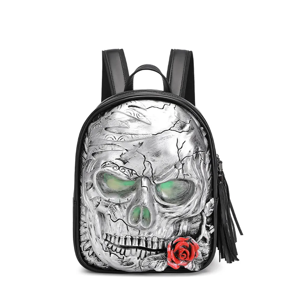 3D Skull With Rose Backpack ,3D Skull With Glowing Green Eyes