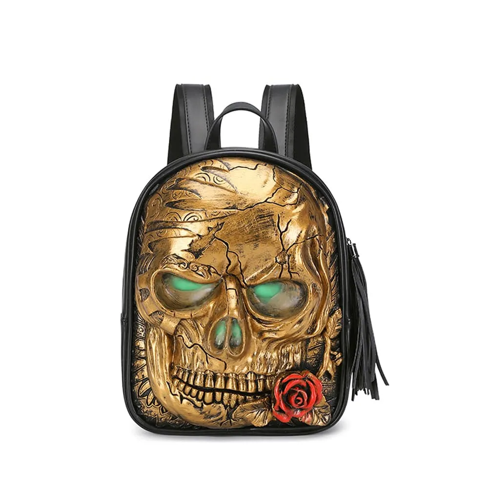 3D Skull With Rose Backpack ,3D Skull With Glowing Green Eyes