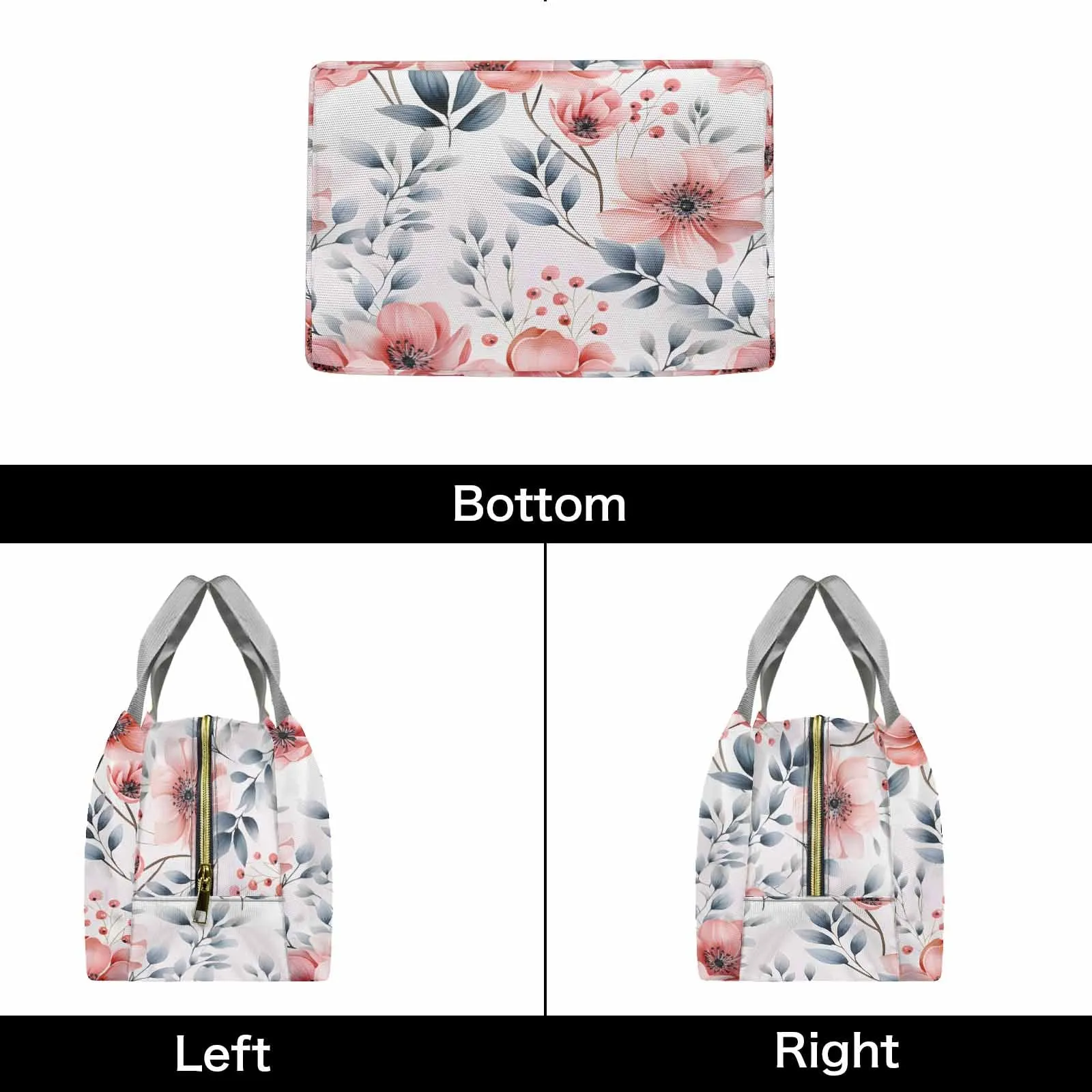 Apricot and Grey Floral  Portable Lunch Bag-Grey Handle