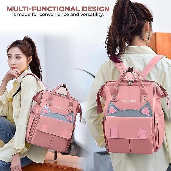 Babymoon Mother Diaper Bag Lightweight Multifunctional Travel Unisex Diaper Backpack | Pink Kitty