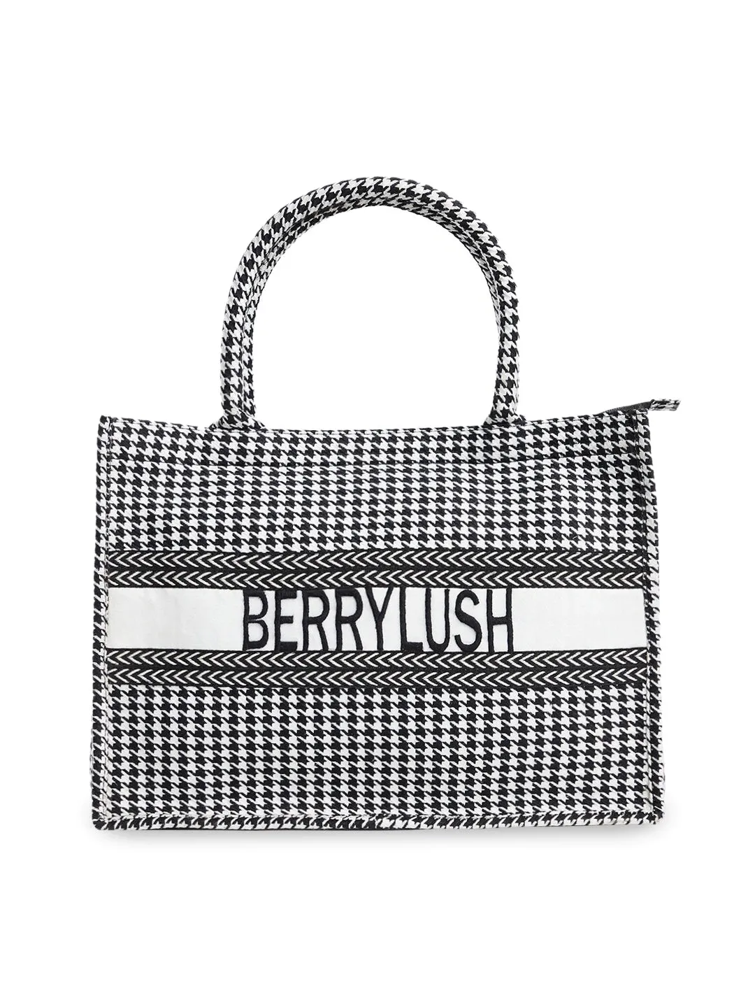 Berrylush Women Black & White Checked Pattern Cotton Structured Regular Handheld Bag