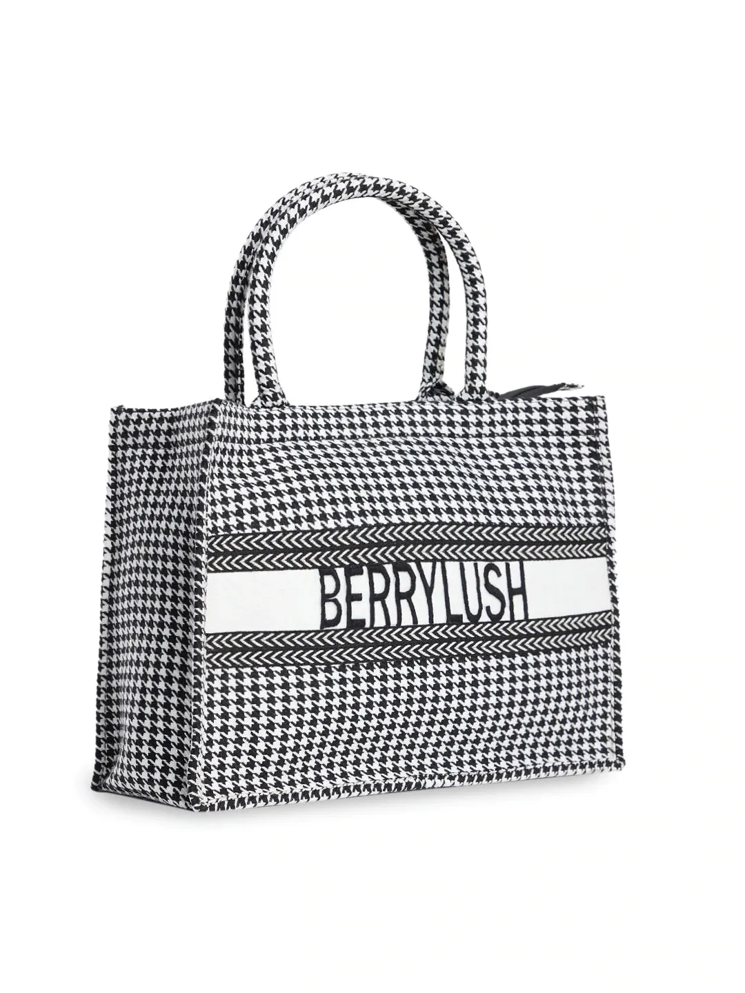 Berrylush Women Black & White Checked Pattern Cotton Structured Regular Handheld Bag