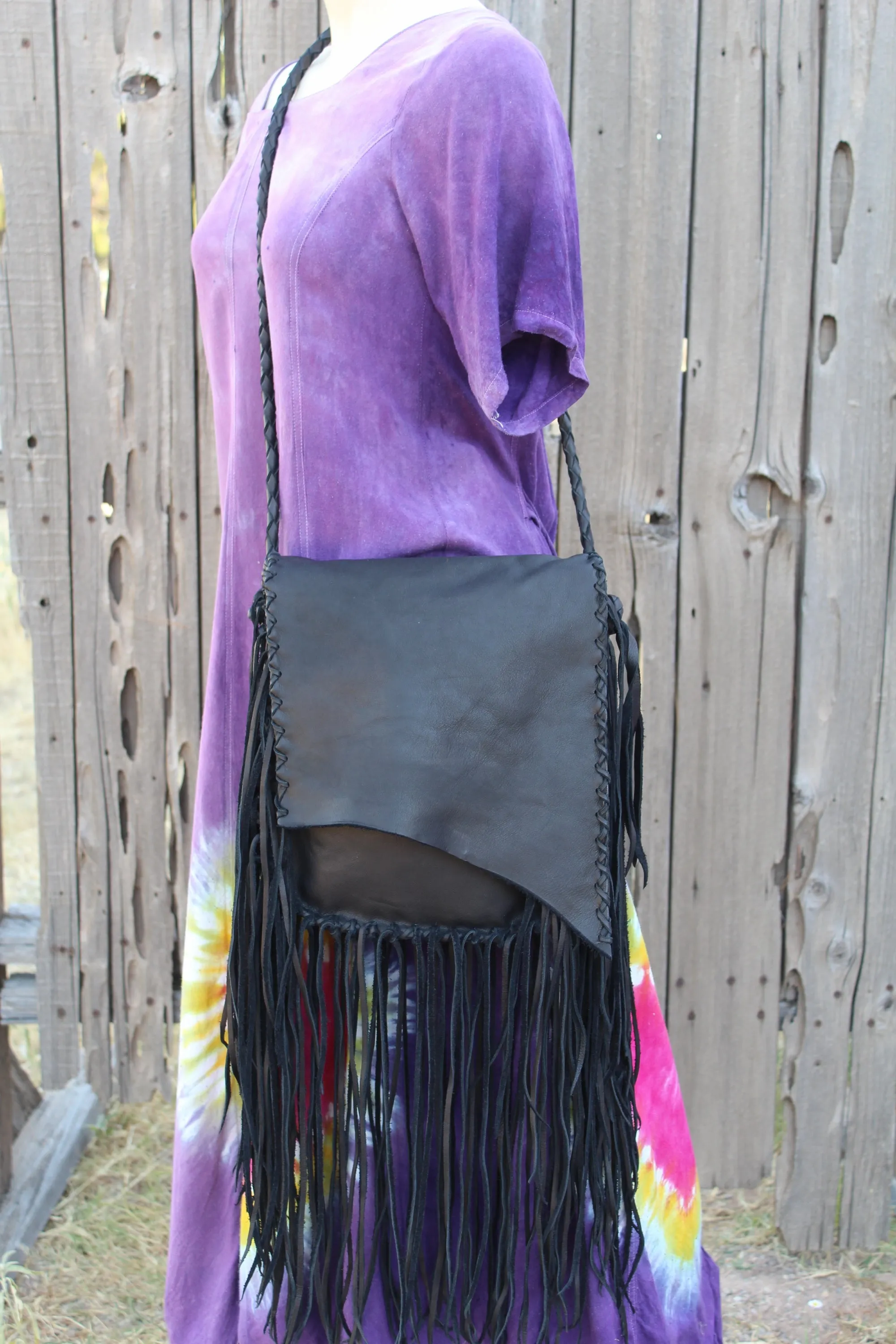 Black leather handbag, fringed leather bag