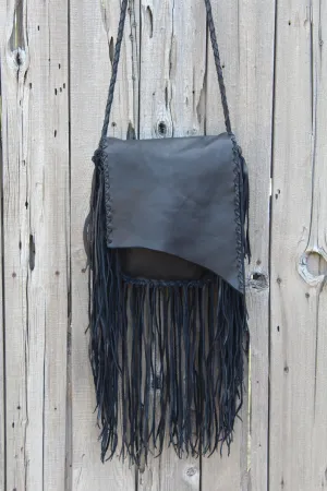 Black leather handbag, fringed leather bag