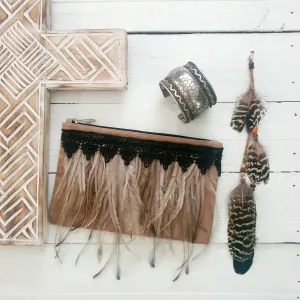 Boho Emu Feather Clutch - Tan