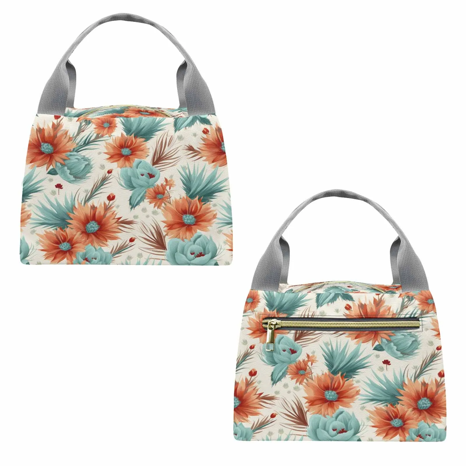 Boho Floral  Portable Lunch Bag-Grey Handle