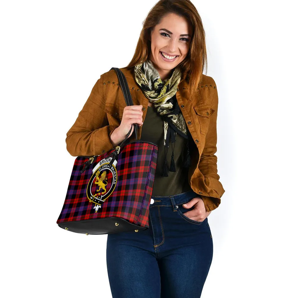 Broun Modern Tartan Leather Tote Bag with Family Crest