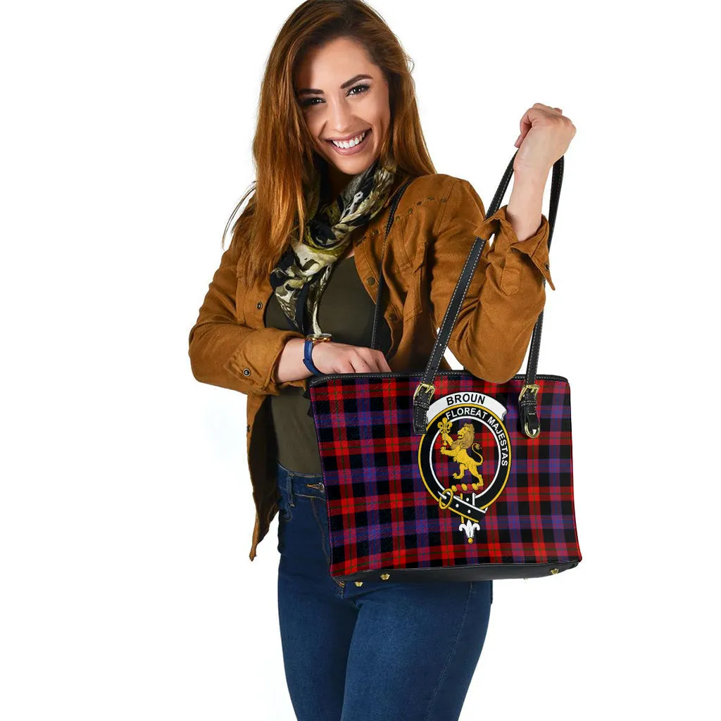 Broun Modern Tartan Leather Tote Bag with Family Crest