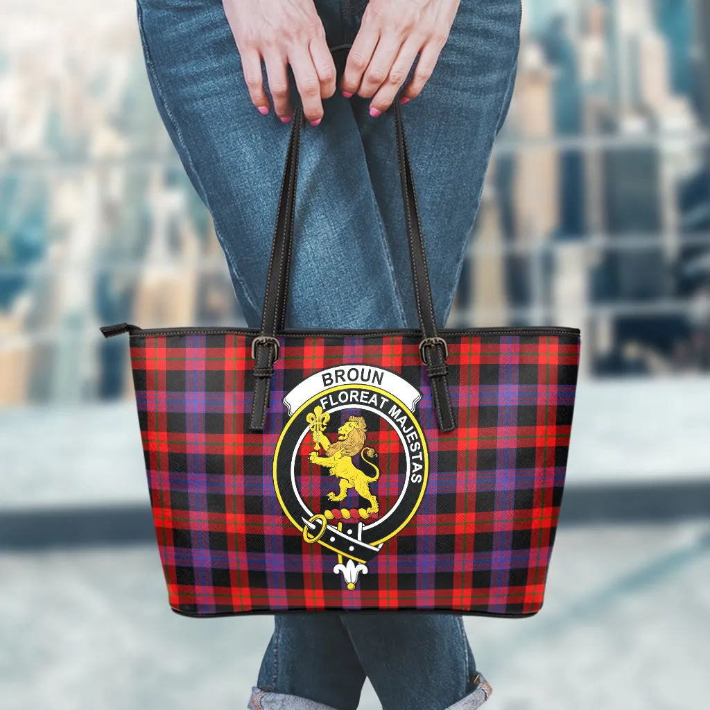 Broun Modern Tartan Leather Tote Bag with Family Crest