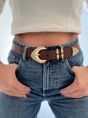 Brown Bronze Buckle Genuine Leather Belt