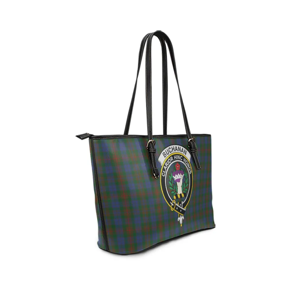 Buchanan Hunting Tartan Leather Tote Bag with Family Crest