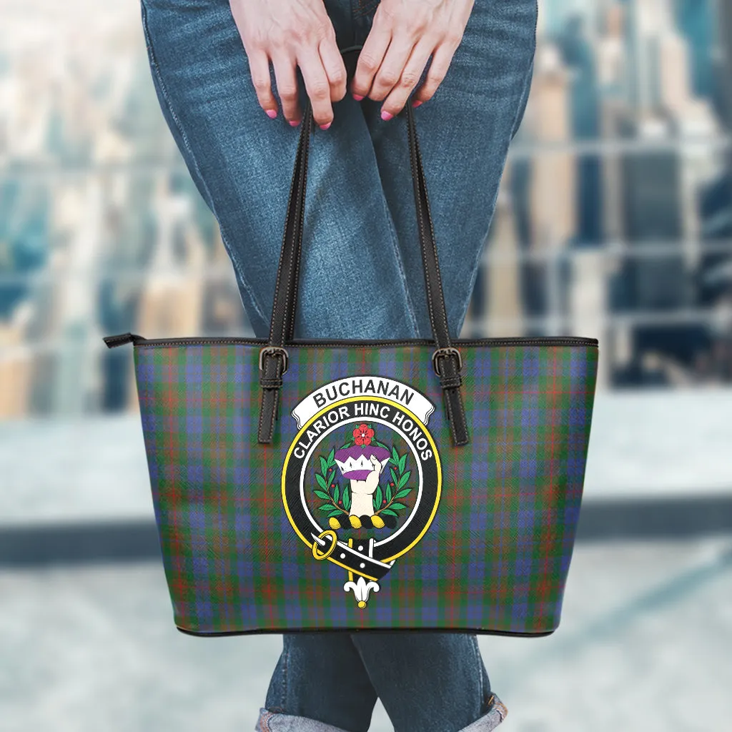 Buchanan Hunting Tartan Leather Tote Bag with Family Crest