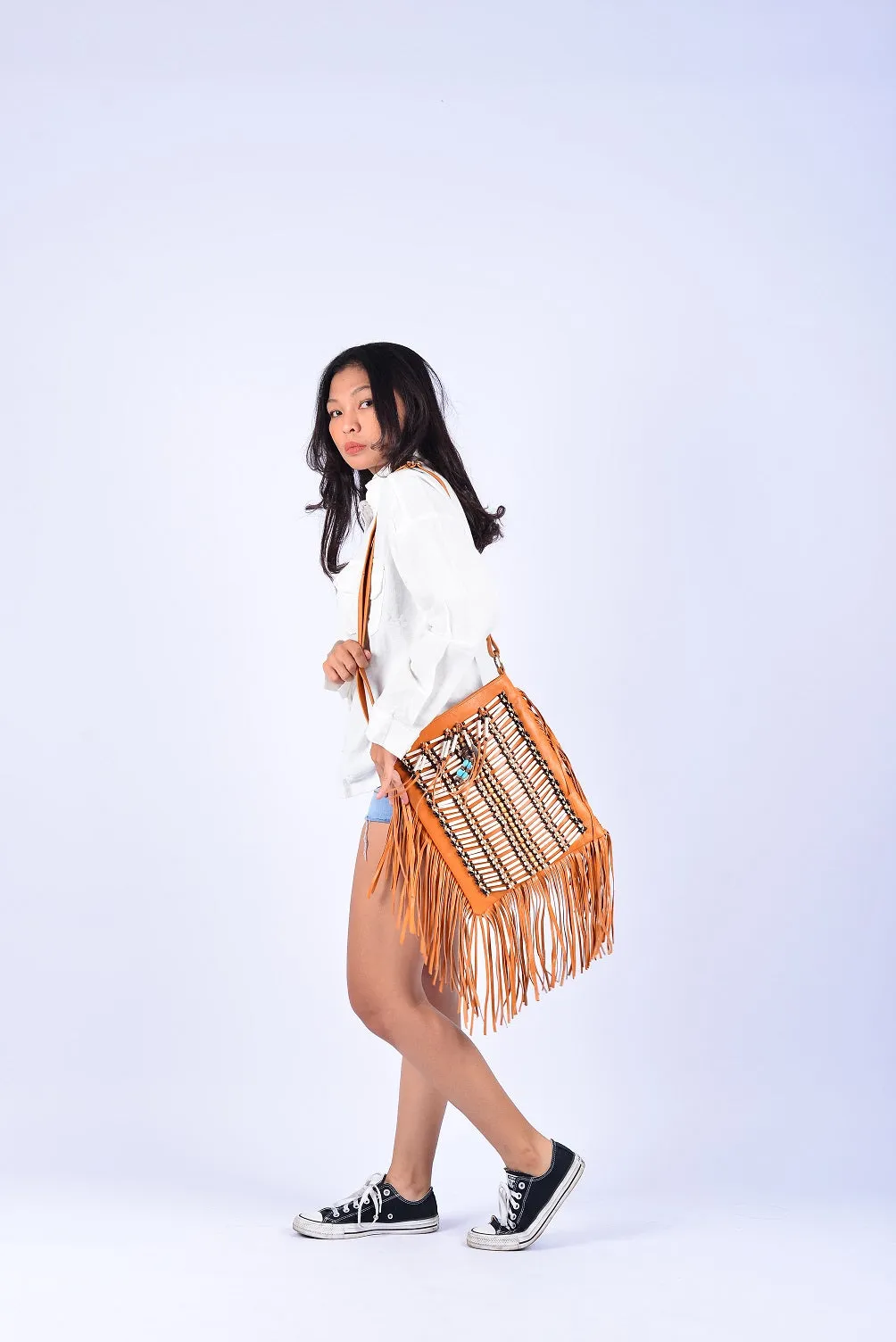 CAMEL Medium Size Boho Leather Bag with Fringes and Bone Choker.