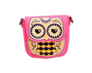 Cartoon Owl Print PU Leather Shoulder Bag - Magenta