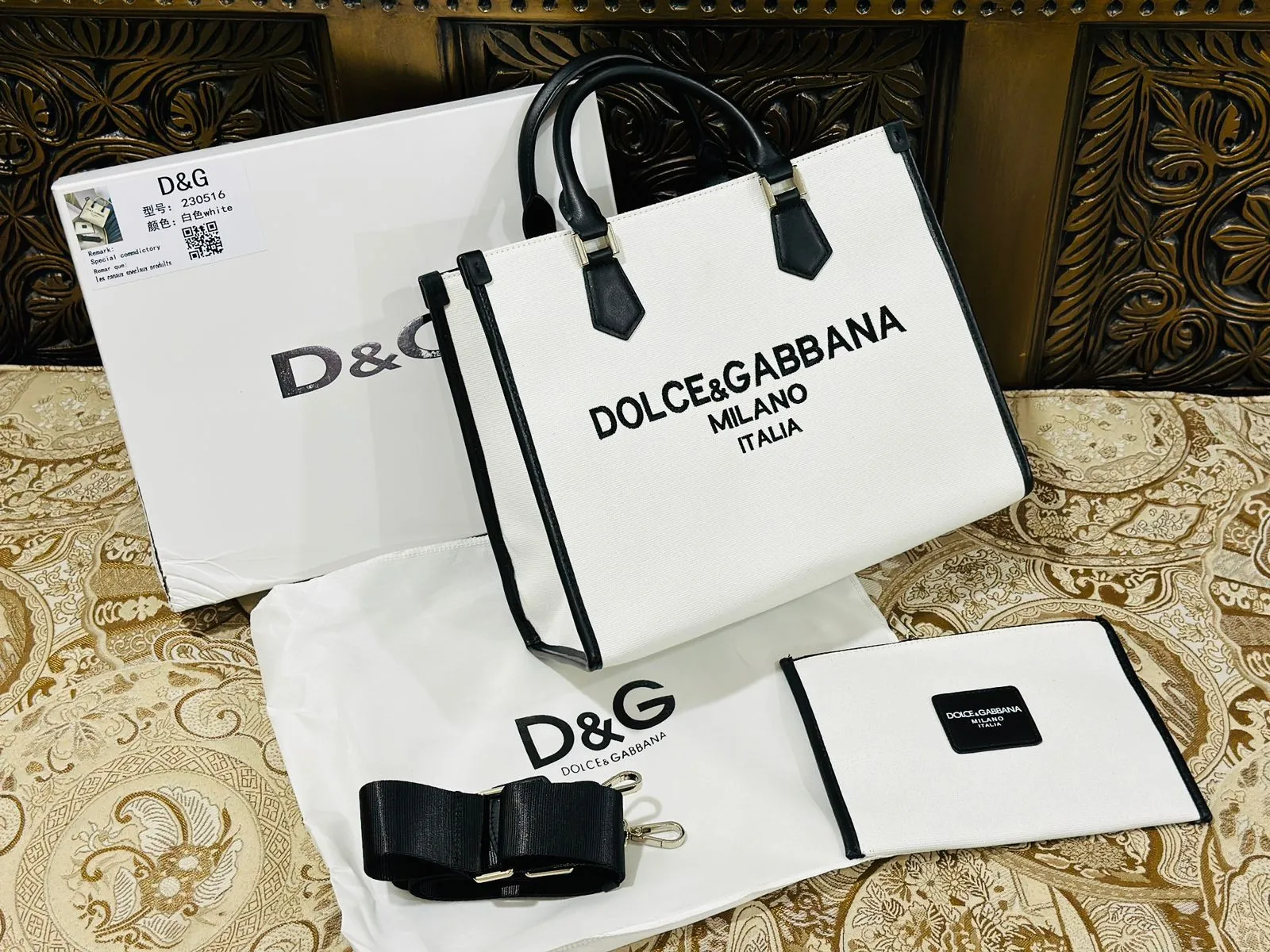 Dolce & Gabbana Women's Premium TOT Bag - Jacquard Fabric & Leather (White)