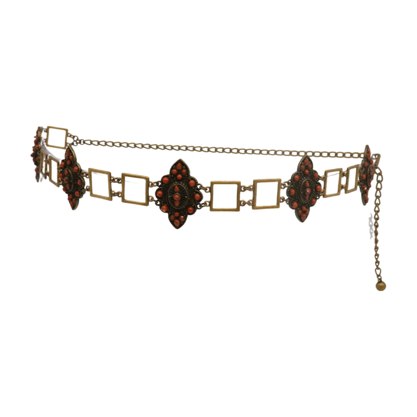 Ethnic Metal & Brown Beaded Flower Charm Belt