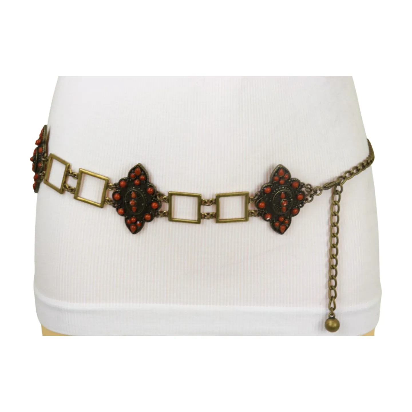 Ethnic Metal & Brown Beaded Flower Charm Belt