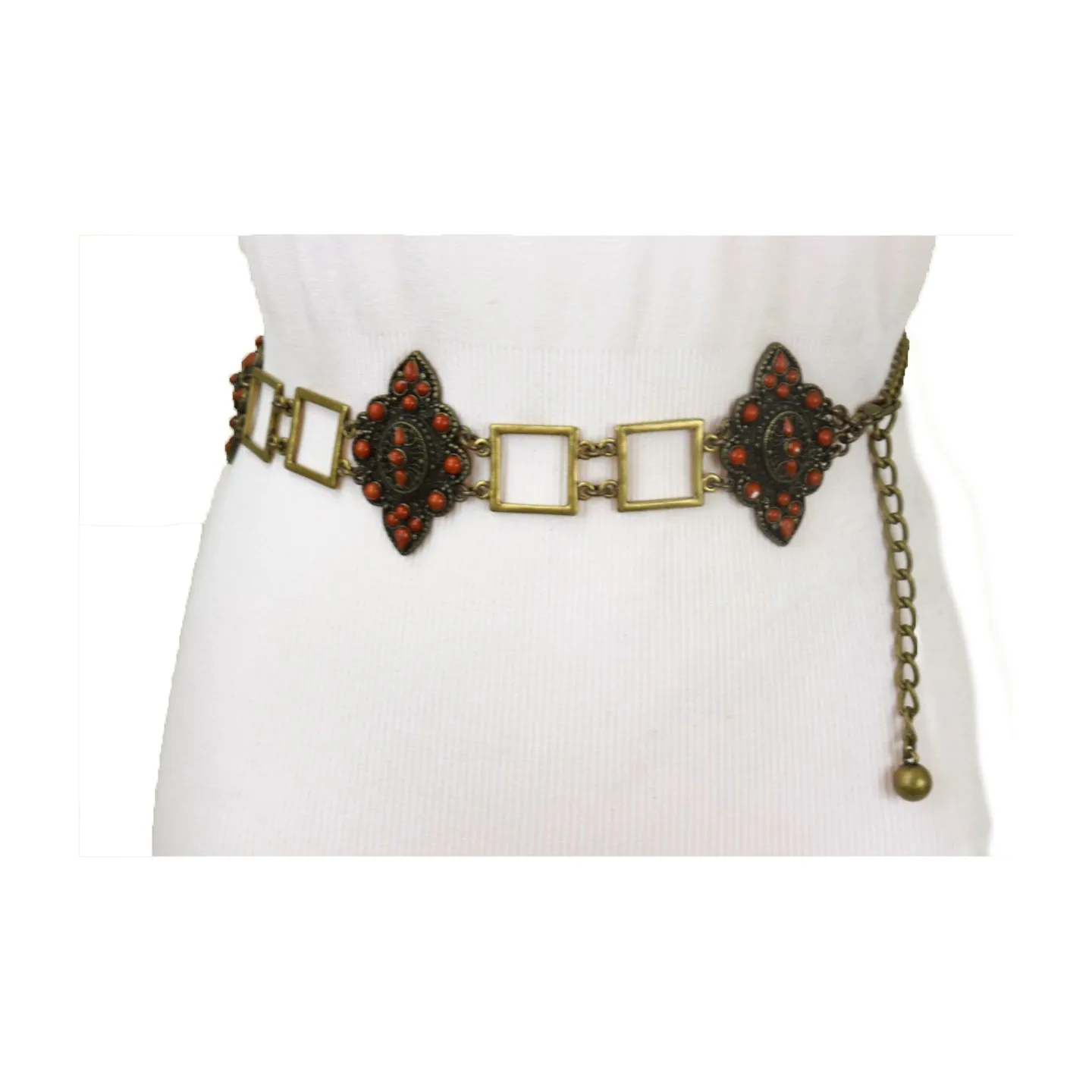 Ethnic Metal & Brown Beaded Flower Charm Belt