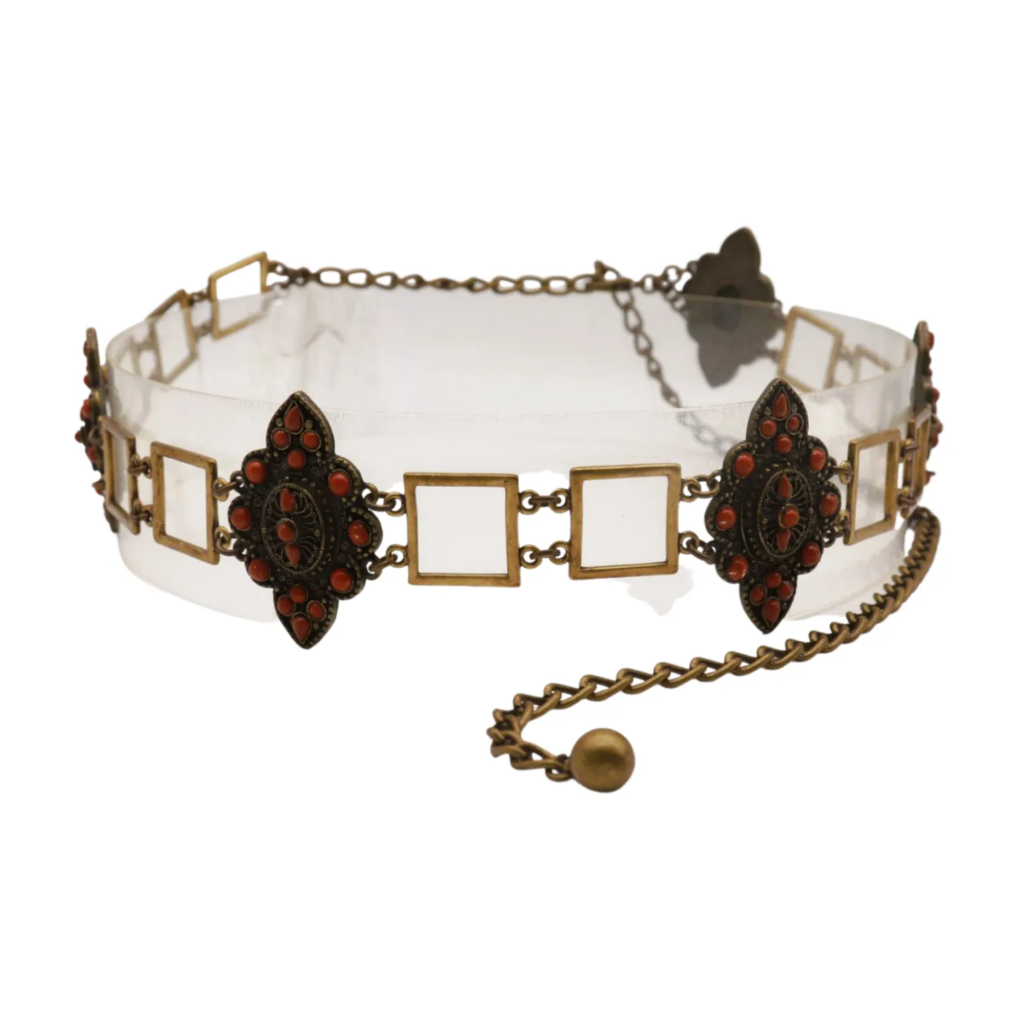 Ethnic Metal & Brown Beaded Flower Charm Belt