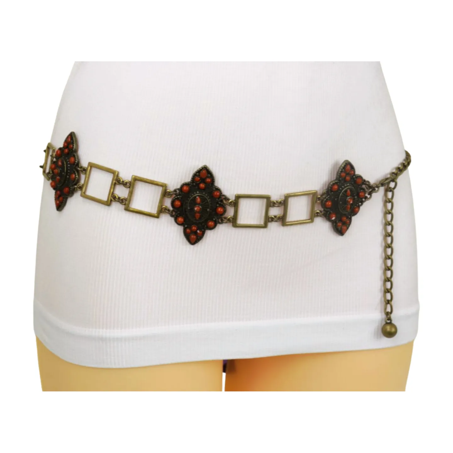 Ethnic Metal & Brown Beaded Flower Charm Belt