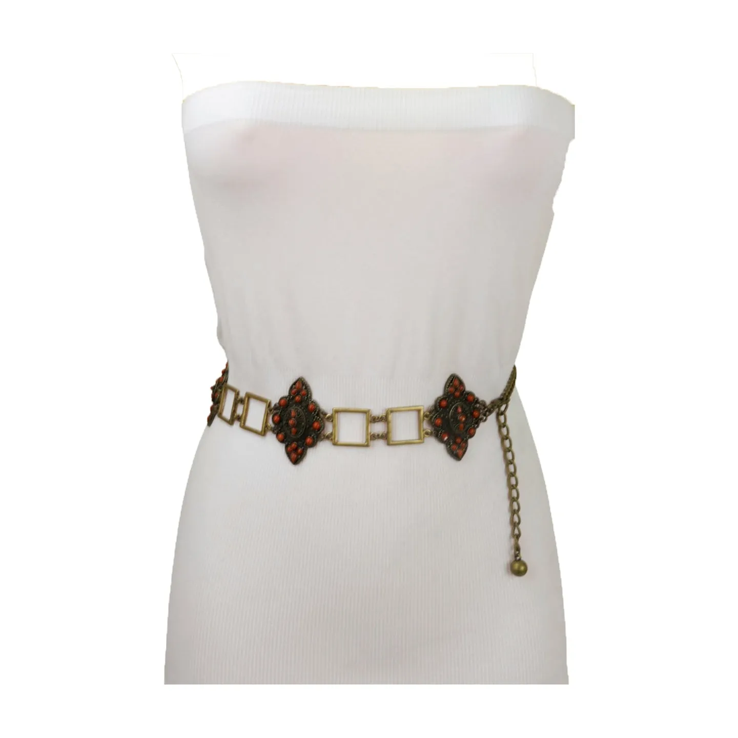 Ethnic Metal & Brown Beaded Flower Charm Belt