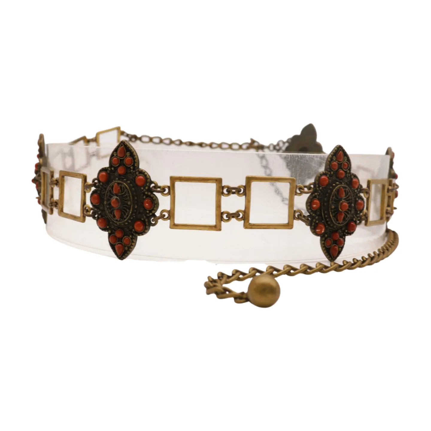 Ethnic Metal & Brown Beaded Flower Charm Belt