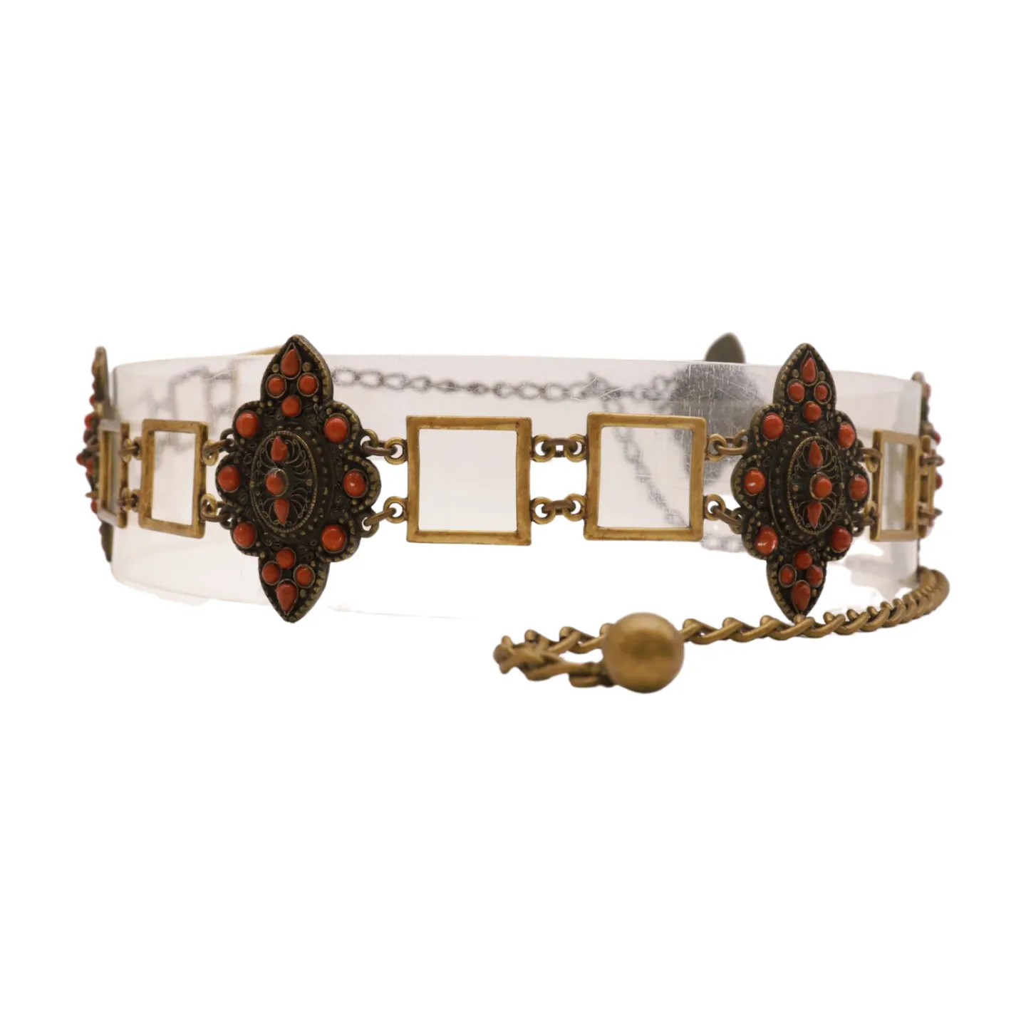 Ethnic Metal & Brown Beaded Flower Charm Belt