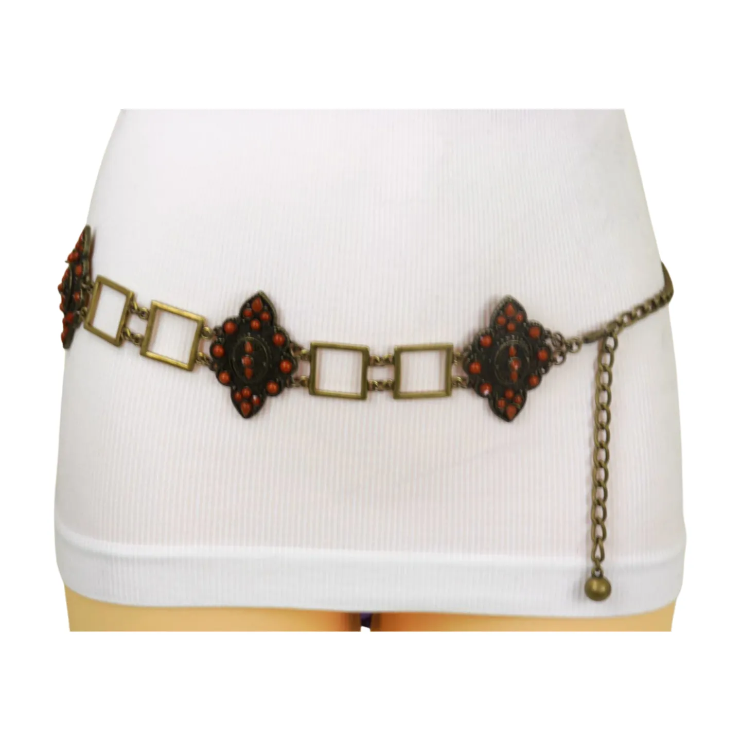 Ethnic Metal & Brown Beaded Flower Charm Belt