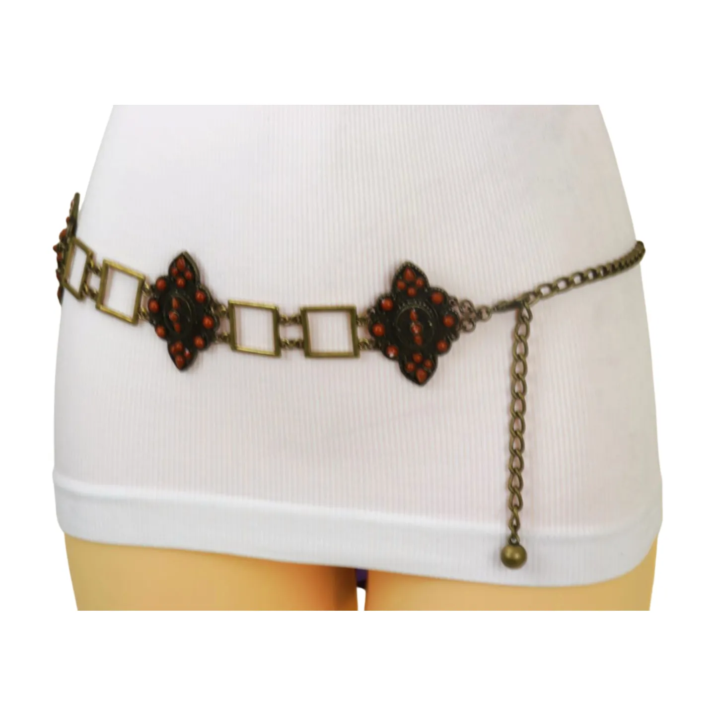 Ethnic Metal & Brown Beaded Flower Charm Belt