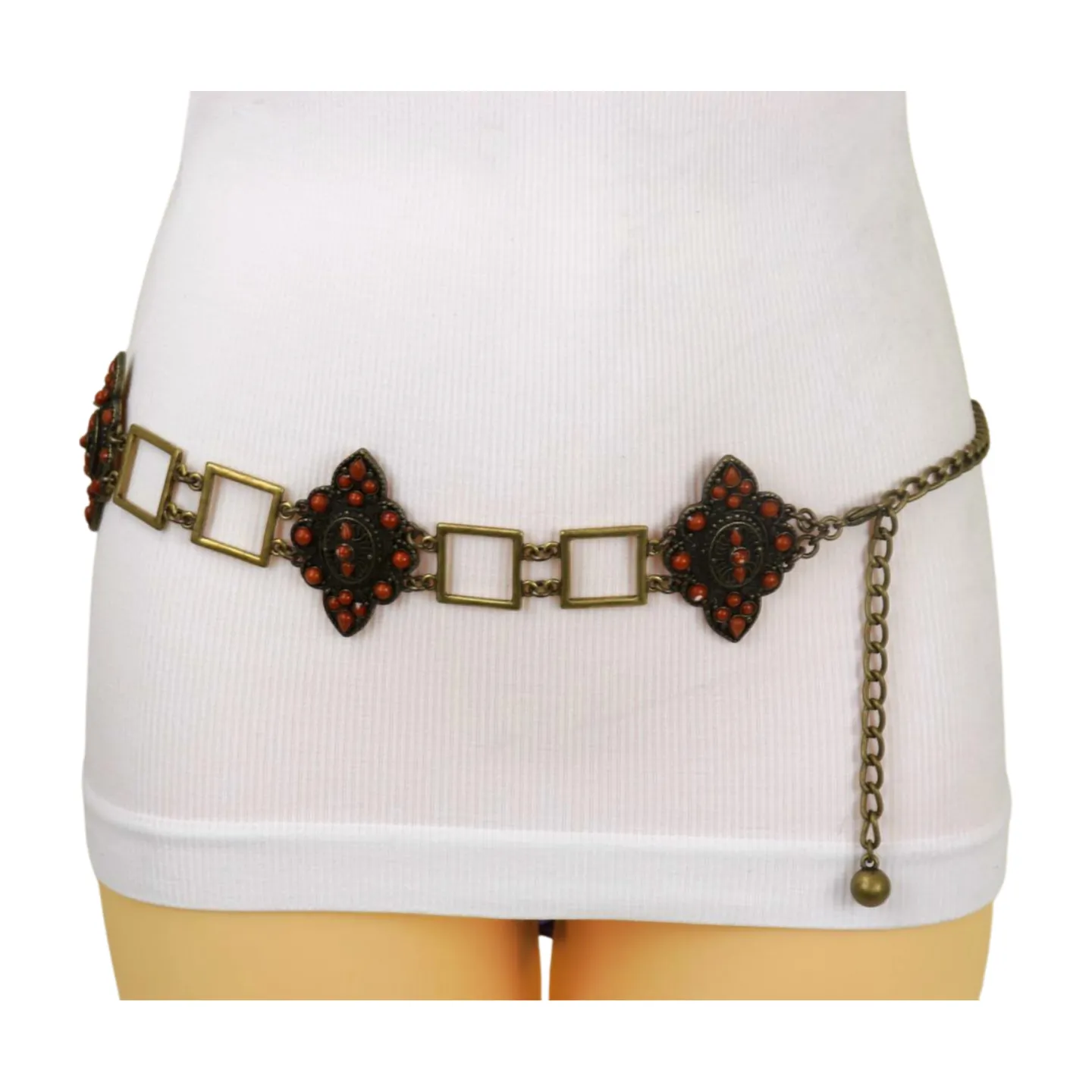 Ethnic Metal & Brown Beaded Flower Charm Belt