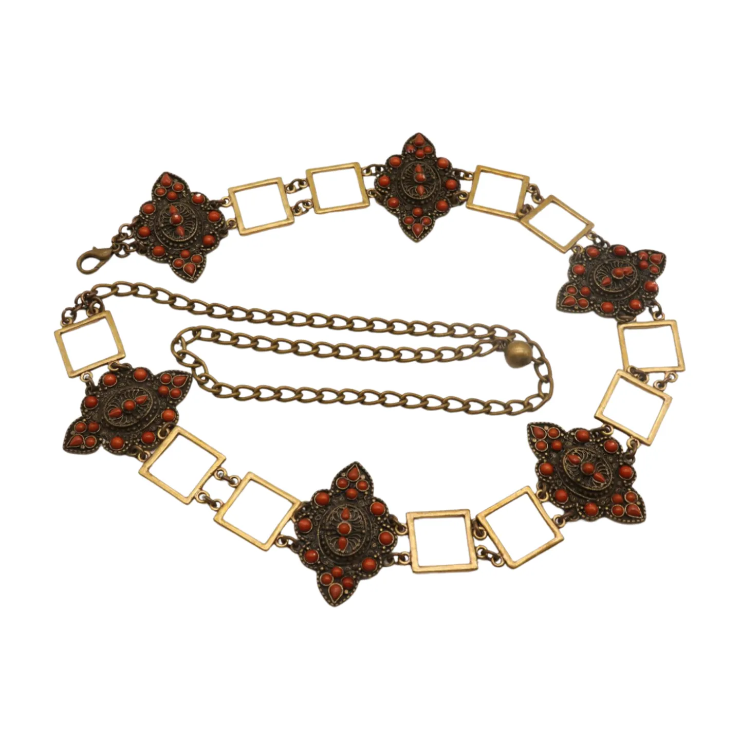 Ethnic Metal & Brown Beaded Flower Charm Belt