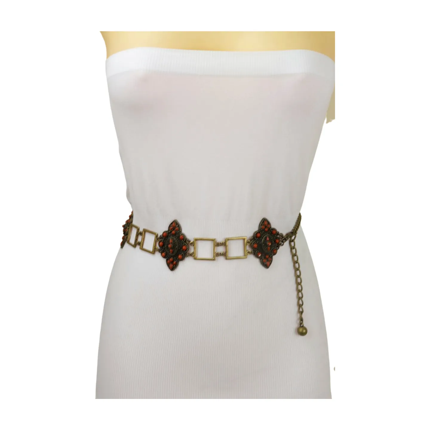 Ethnic Metal & Brown Beaded Flower Charm Belt