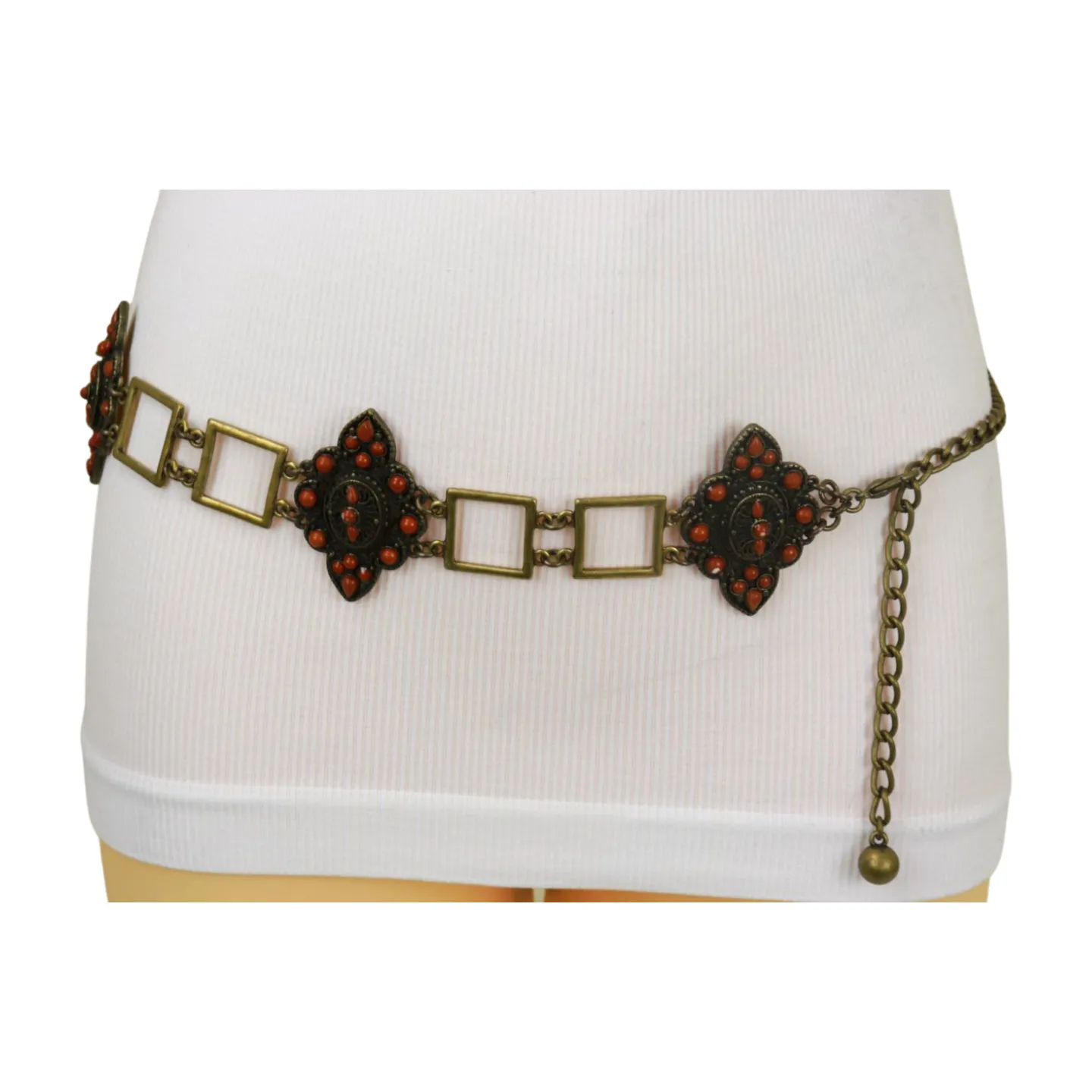 Ethnic Metal & Brown Beaded Flower Charm Belt