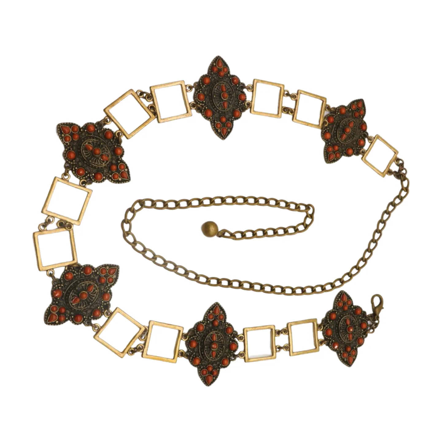 Ethnic Metal & Brown Beaded Flower Charm Belt