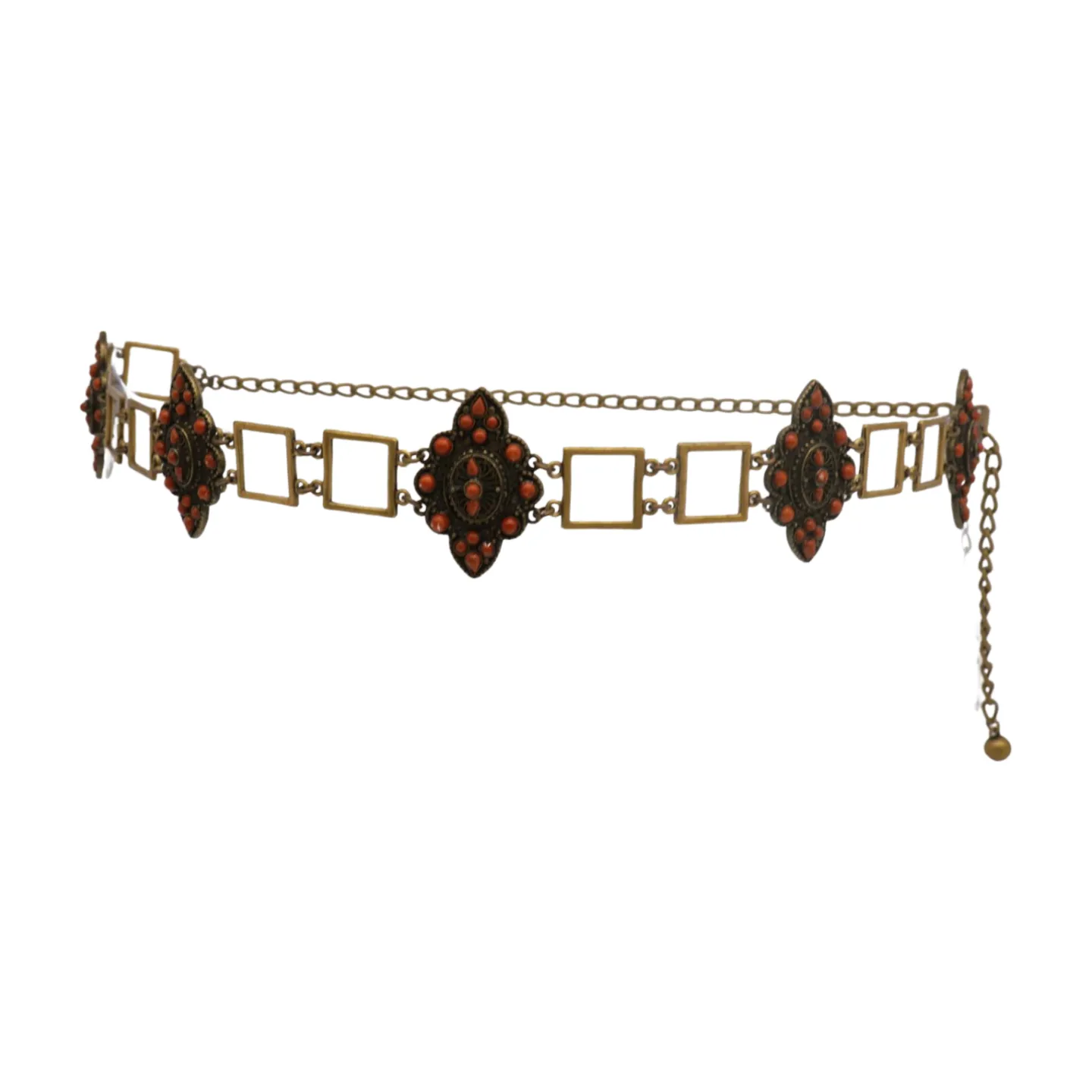 Ethnic Metal & Brown Beaded Flower Charm Belt