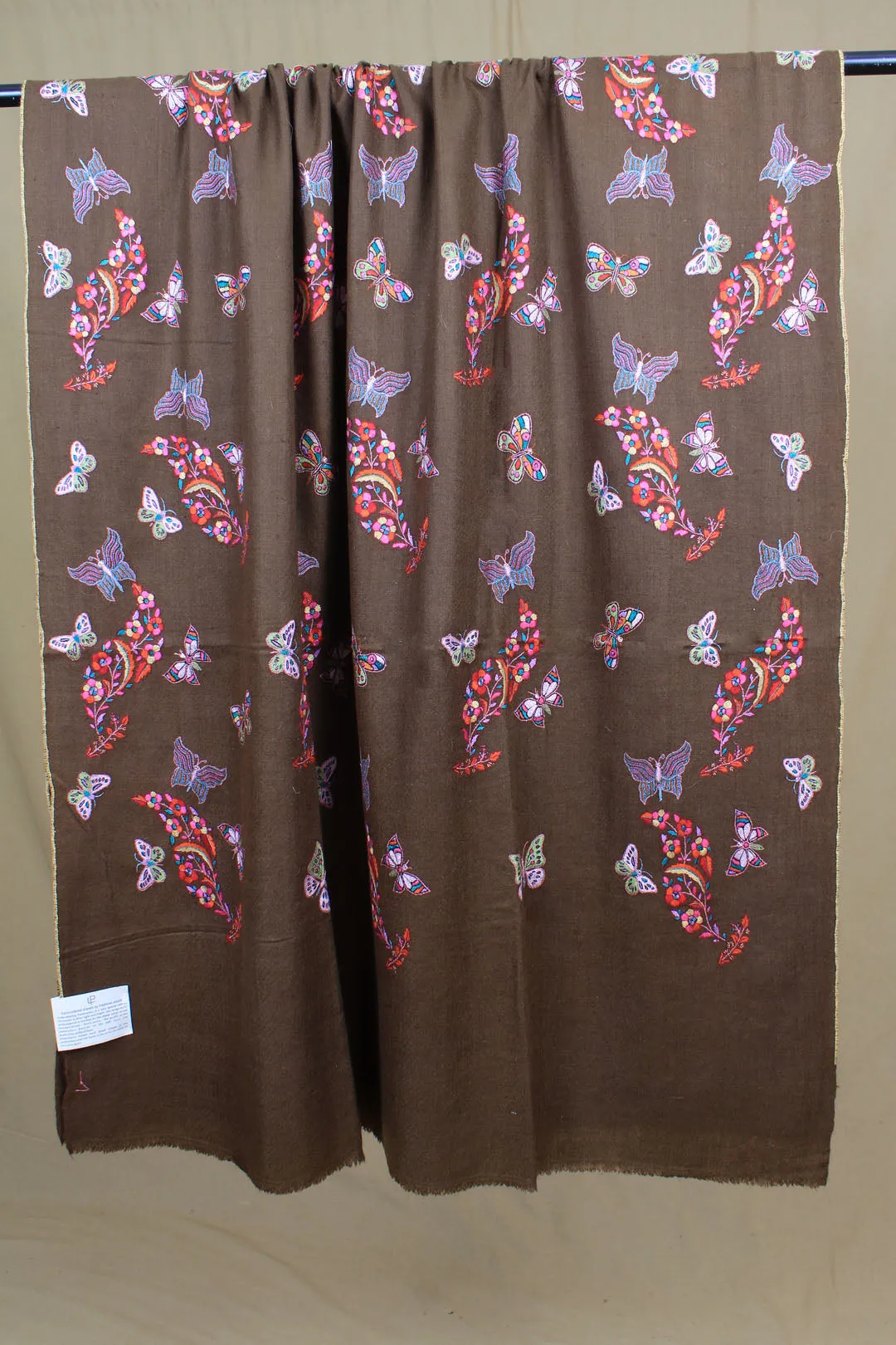 Fari'ah Dark Taupe Buti & Butterlies Embroidered Pashmina Shawl