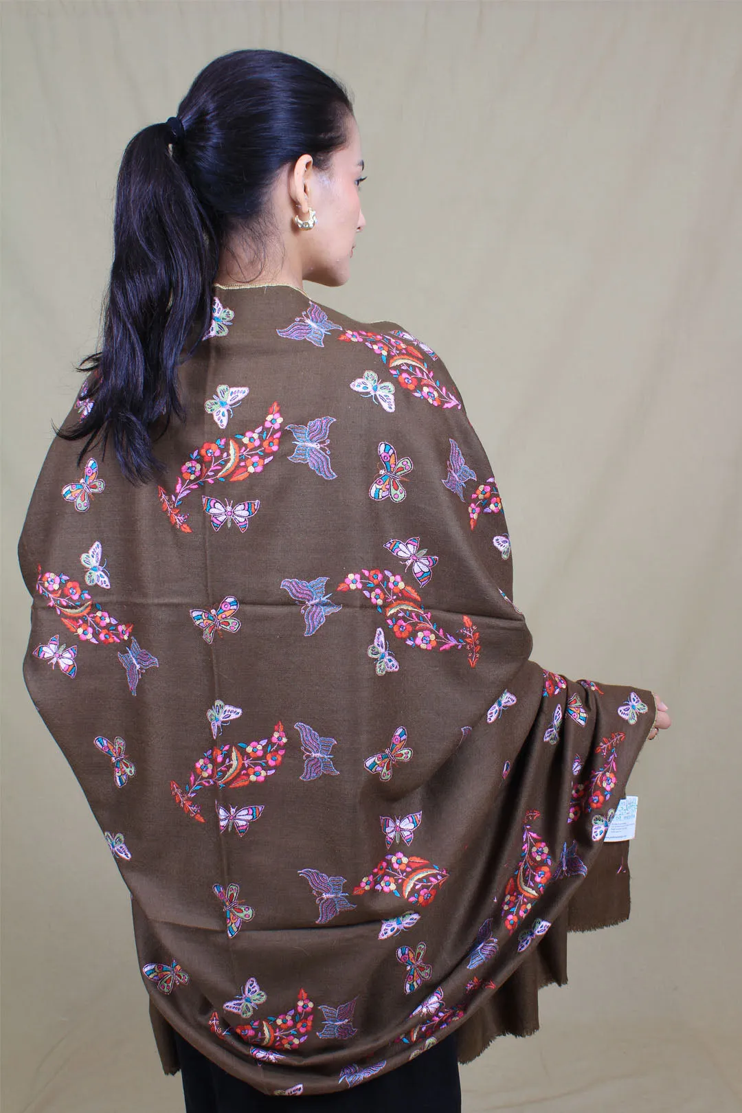 Fari'ah Dark Taupe Buti & Butterlies Embroidered Pashmina Shawl