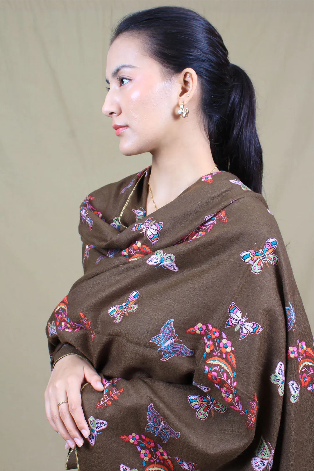 Fari'ah Dark Taupe Buti & Butterlies Embroidered Pashmina Shawl