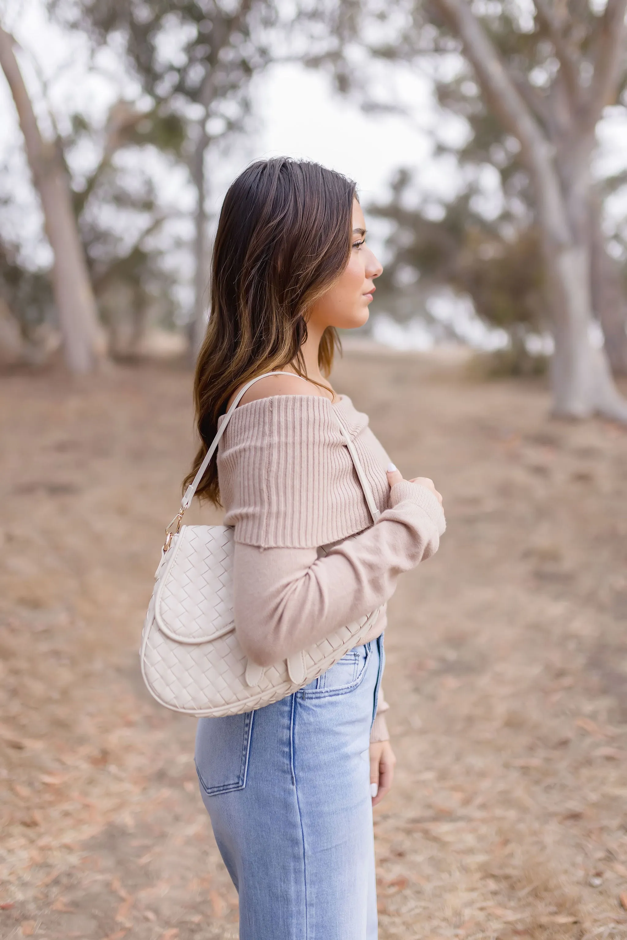 Frankie Vegan Leather Woven Shoulder Purse Ivory