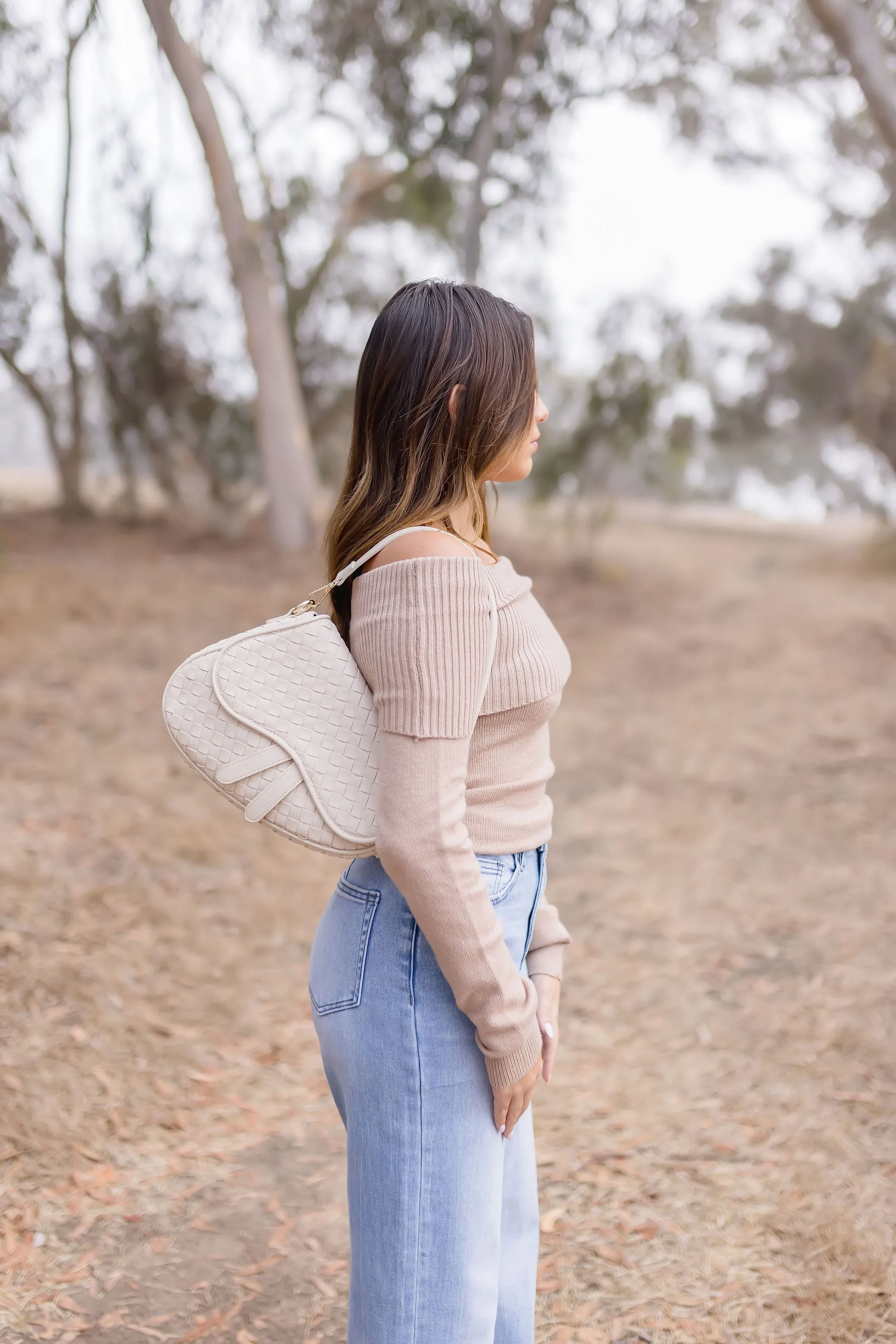 Frankie Vegan Leather Woven Shoulder Purse Ivory