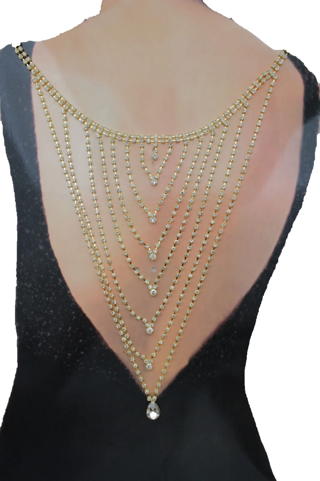 Gold Metal Hot Long Open Back Silver Rhinestones Drop Necklace Wedding