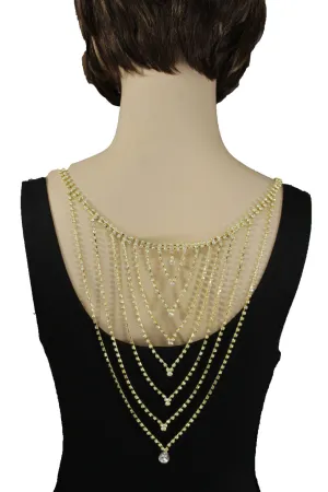 Gold Metal Hot Long Open Back Silver Rhinestones Drop Necklace Wedding