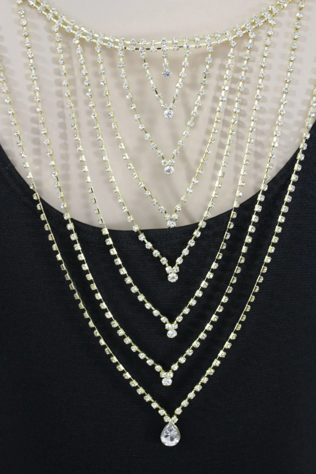 Gold Metal Hot Long Open Back Silver Rhinestones Drop Necklace Wedding