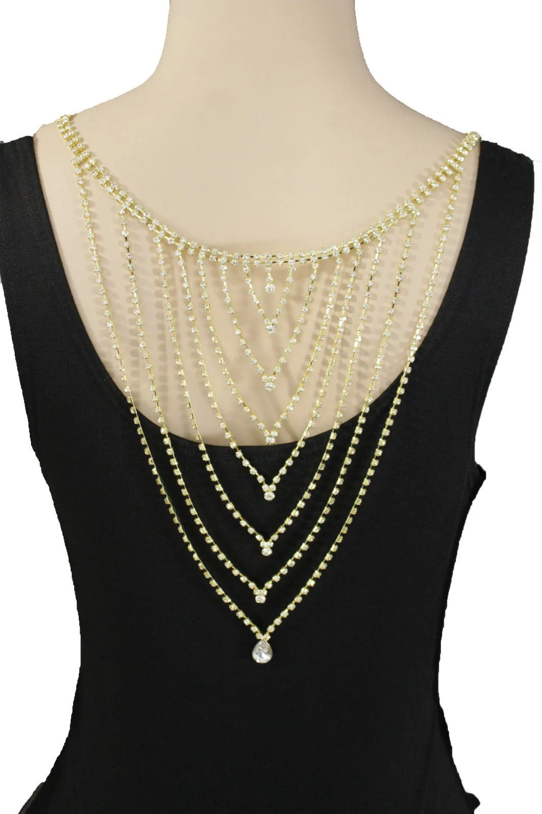 Gold Metal Hot Long Open Back Silver Rhinestones Drop Necklace Wedding