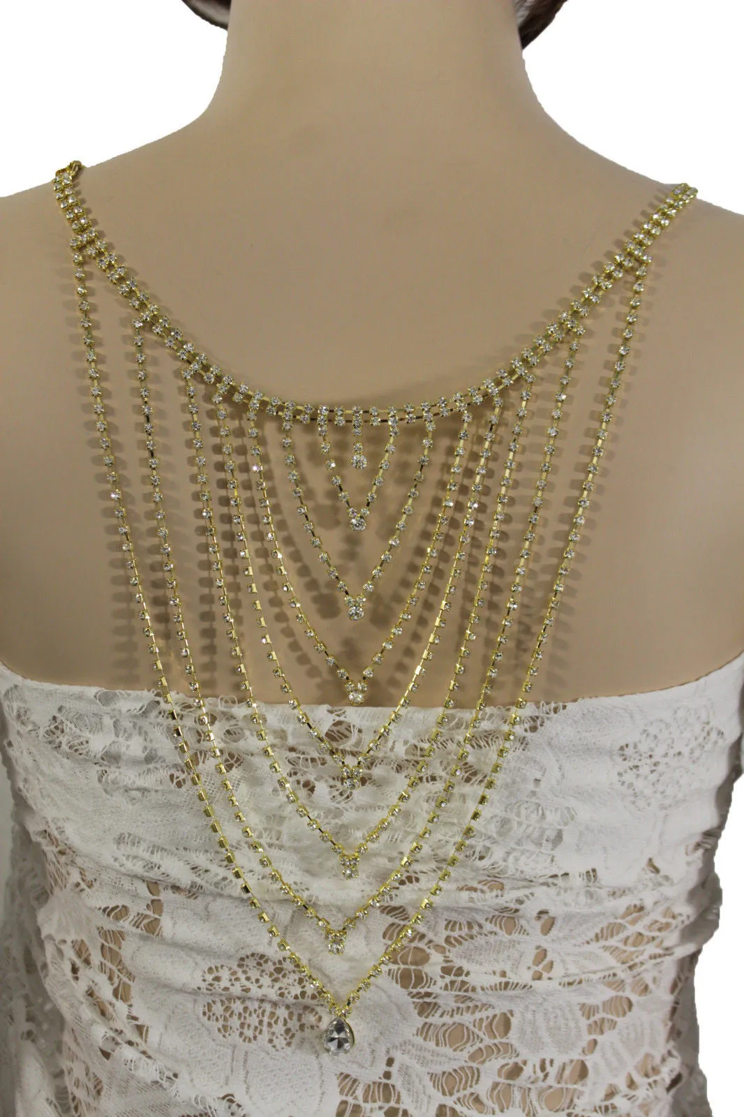 Gold Metal Hot Long Open Back Silver Rhinestones Drop Necklace Wedding