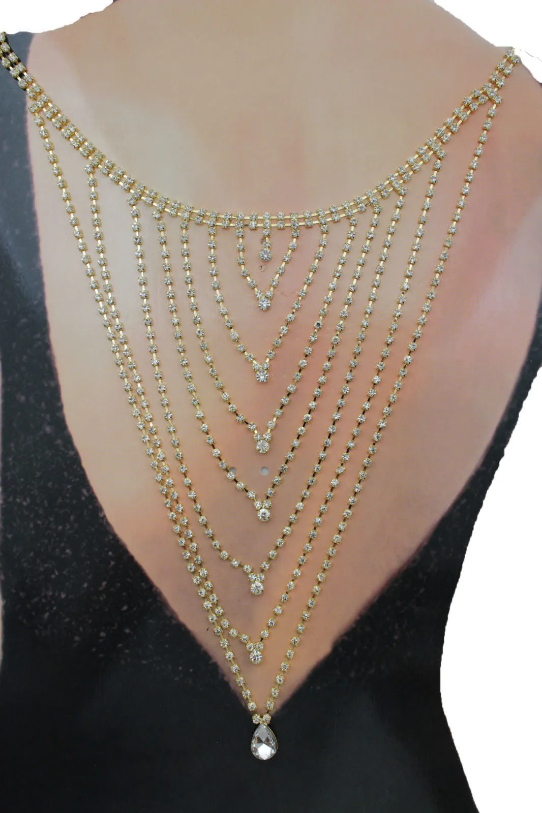 Gold Metal Hot Long Open Back Silver Rhinestones Drop Necklace Wedding