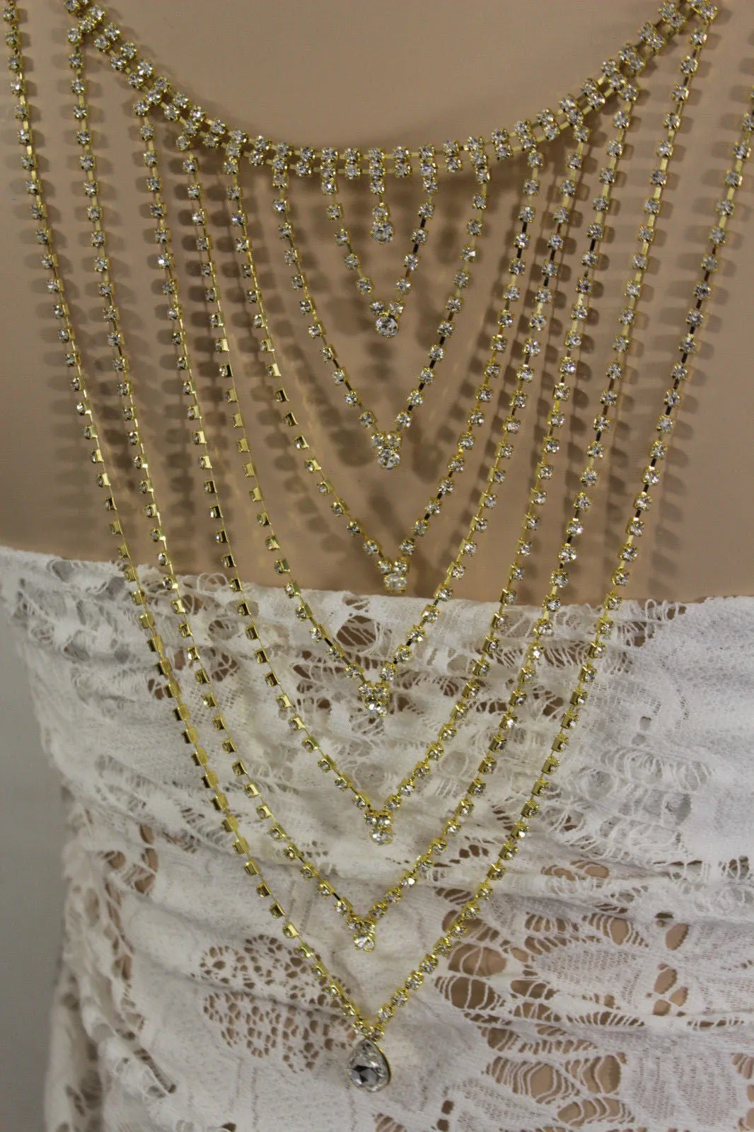 Gold Metal Hot Long Open Back Silver Rhinestones Drop Necklace Wedding