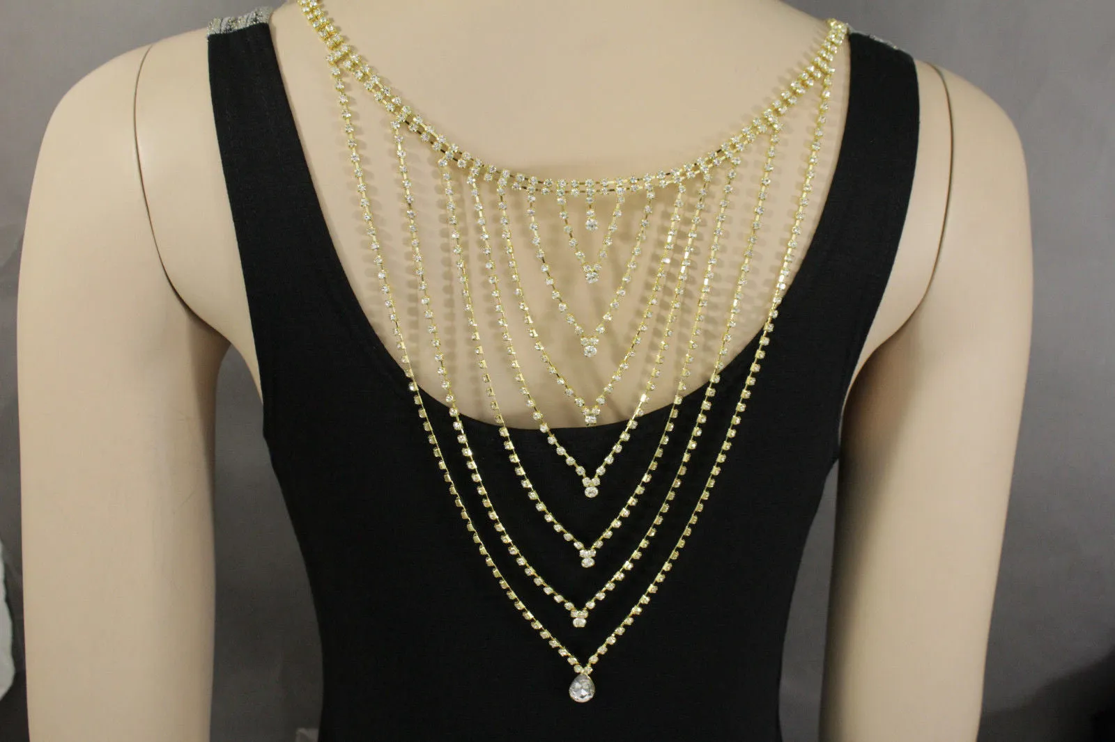 Gold Metal Hot Long Open Back Silver Rhinestones Drop Necklace Wedding