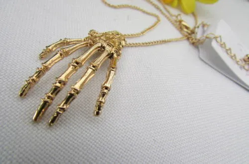 Gold Thin Long Metal Chain Skeleton Hand Skull Classic Halloween Necklace